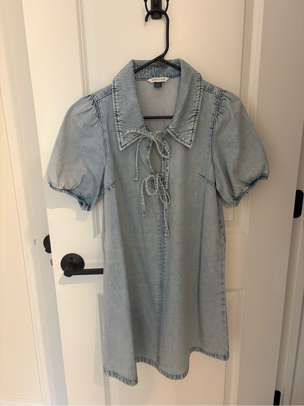 American Eagle Outfitters Light Blue Denim Tie-Neck Puff Sleeve Dress